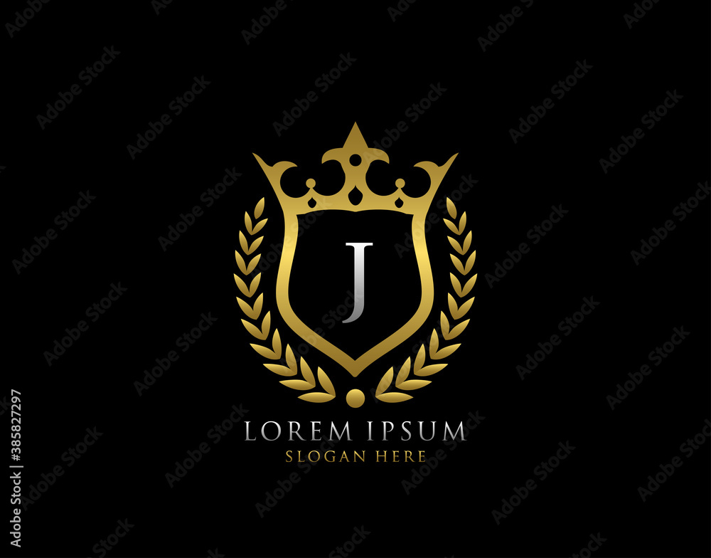 Luxury Monogram J Letter Logo. Classic Gold King Crown badge design for Royalty, Letter Stamp, Boutique, Hotel, Heraldic, Jewelry, Wedding. Luxury Monogram J Letter Logo. Classic Gold King Crown badge design for Royalty, Letter Stamp, Boutique, Hotel, Heraldic, Jewelry, Wedding.