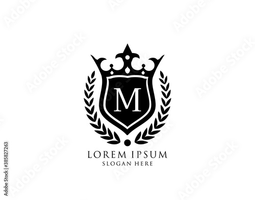 Luxury Monogram M Letter Logo. Vintage King Crown badge design for Royalty, Letter Stamp, Boutique,  Hotel, Heraldic, Jewelry, Wedding.