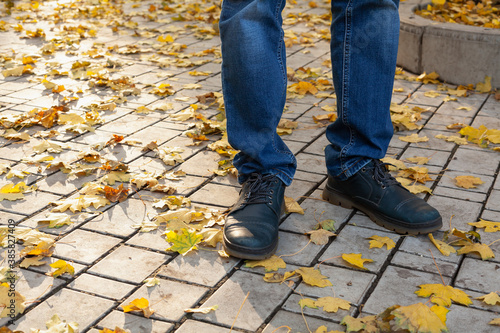 Legs man in autumn park among fallen leaves