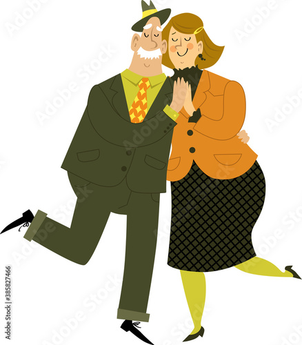 Cute cartoon senior couple dancing, EPS 8 vector illustration, isolated on white