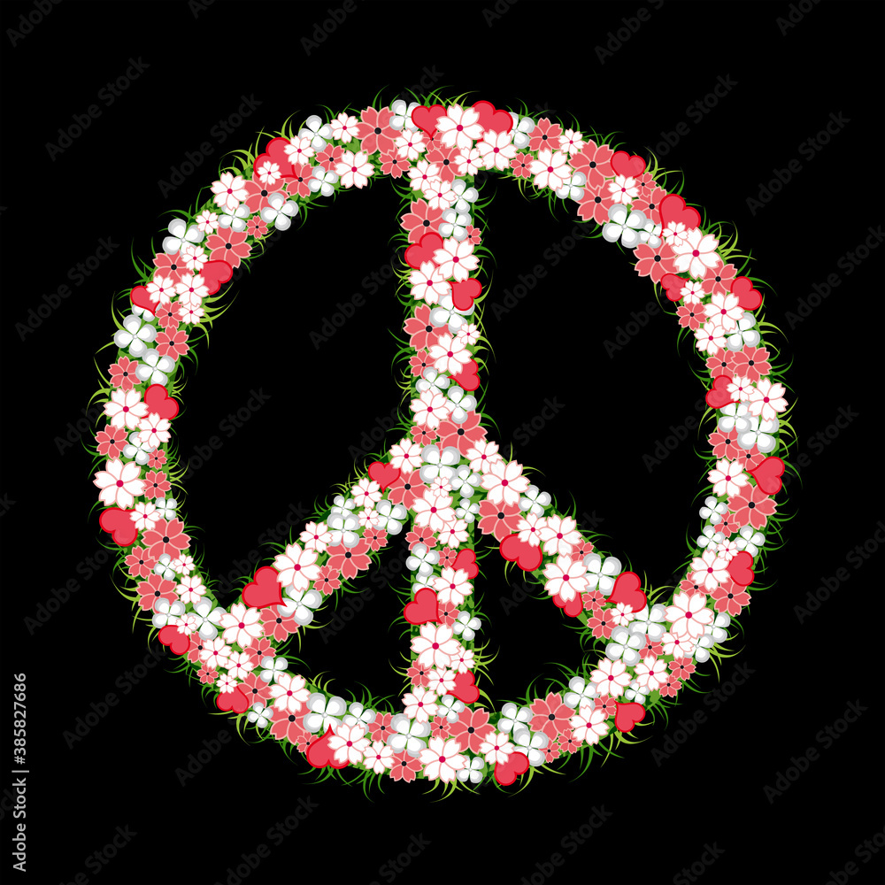 Logo « Peace and Love » décoré de fleurs roses et blanches et de petits cœurs sur un fond noir. Logo « Peace and Love » décoré de fleurs roses et blanches et de petits cœurs sur un fond noir.