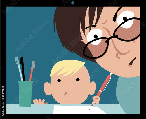 Helicopter parent controlling a child's distant learning class, EPS 8 vector illustration