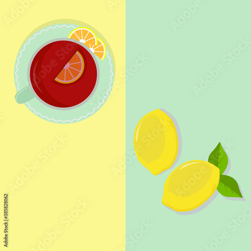 Two cups of coffee on a two-color background. Winter drinks. The view from the top