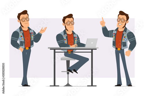 Cartoon flat strong disco man in sunglasses and jeans jacket. Ready for animation. Boy posing, working on laptop and showing attention gesture. Isolated on violet background. Vector icon set.