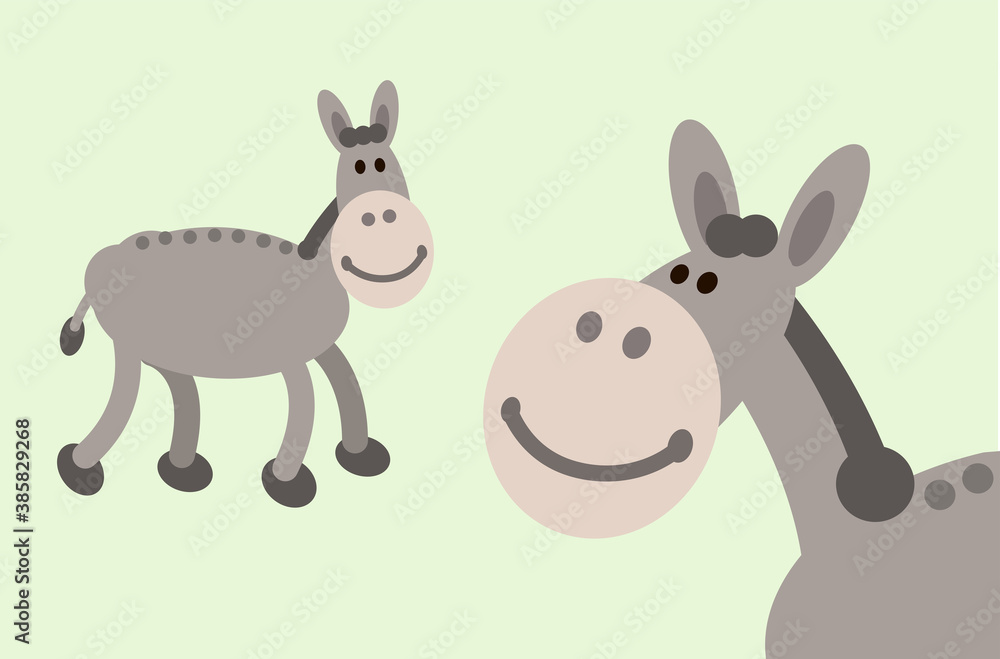 Donkey smiley face cartoon illustration. This simple happy smiling farm animal is made of circles, ellipses, and egg shapes. Full vector artwork Donkey smiley face cartoon illustration. This simple happy smiling farm animal is made of circles, ellipses, and egg shapes. Full vector artwork