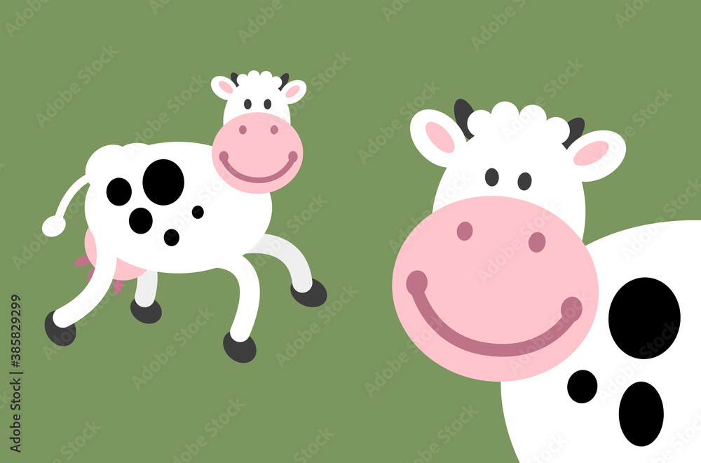 Obraz premium Cow smiley face farm cartoon illustration. This simple happy smiling farm animal is made of circles, ellipses, and egg shapes. Full vector artwork