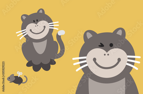 Cat smiley face cartoon illustration. This simple happy smiling farm animal is made of circles  ellipses  and egg shapes. Full vector artwork