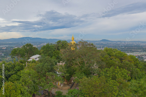 Aerial view of big white buddha in Wat Khao Phra Kru Temple, Si Racha District, Chonburi, Thailand. photo