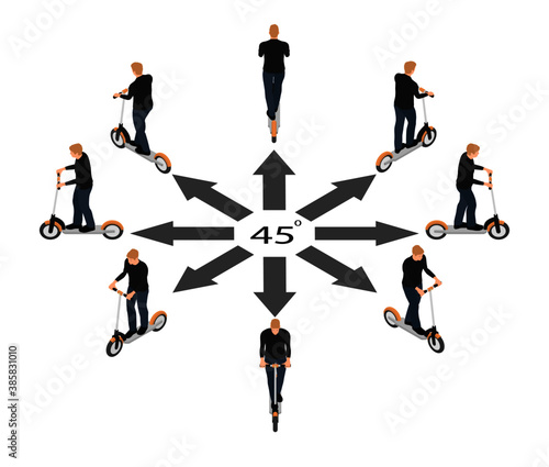 Man riding a motorized scooter in isometric. Rotation of electric scooter with man by 45 degrees. 