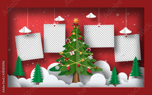 Christmas postcard banner background, Blank photo with Christmas Tree in frame