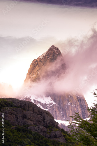Vertical Rocky snowy mountain peaks with amazing view. Fitz Roy in Argentina © cristian