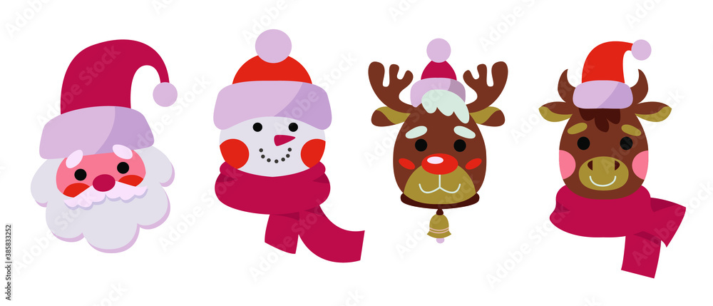 Set of cute characters for the Christmas holidays. Flat vector cartoon illustration. Snowman, deer, Santa Claus, bull in hats and scarves.