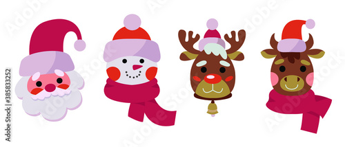 Set of cute characters for the Christmas holidays. Flat vector cartoon illustration. Snowman  deer  Santa Claus  bull in hats and scarves.