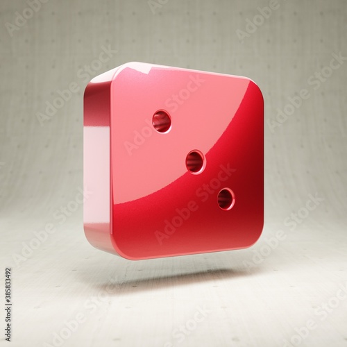 Dice Three icon. Red glossy metallic Dice Three symbol isolated on white concrete background.