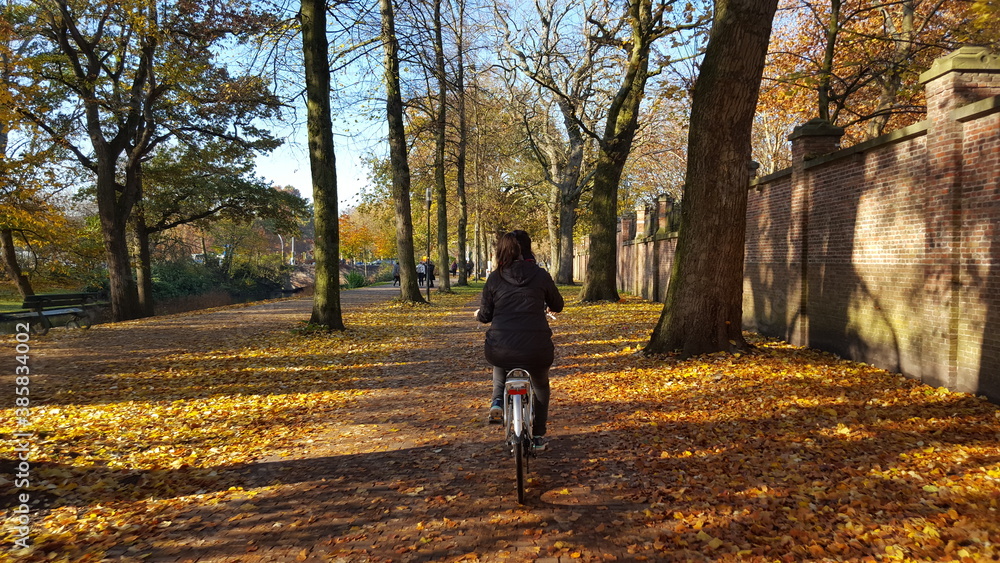 A woman riding a bike in the street