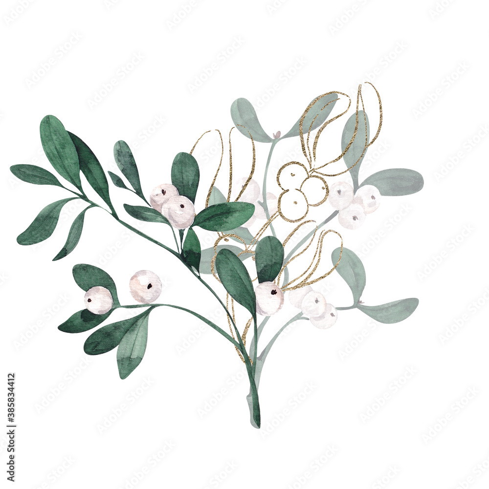 Obraz premium Winter floral bouquet with watercolor hand draw mistletoe, isolated on white background