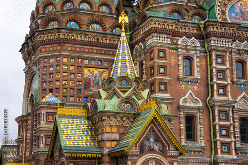 Cathedral of Our Savior on Spilled Blood. Closeup of domes and architecture facade details in St. Petersburg, Russia