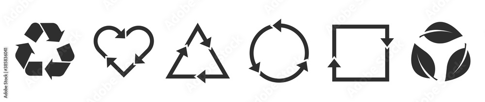 Recycle icon set. Arrows, heart and leaf recycle eco symbol. Rounded angles. Recycled signs vector illustration isolated on white background. Recycle icon set. Arrows, heart and leaf recycle eco symbol. Rounded angles. Recycled signs vector illustration isolated on white background.