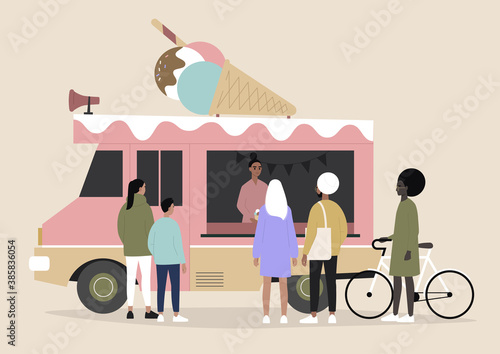 An ice cream food truck, people ordering and waiting, summer urban lifestyle