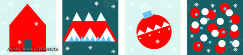 Scandinavian Merry Christmas set banners. Flat house, mountains, christmas toy, candy with snow. Cartoon scandinavian design. New Year 2021. Noel. Hugge concept.