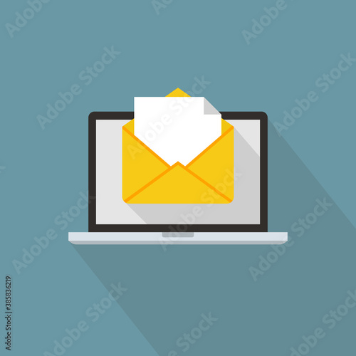 Email message on laptop. Envelope and document on computer screen. E-mail concept. Flat design sign for mobile and web concept. Vector illustration.