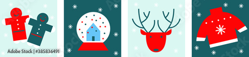 Magic Merry Christmas flat vector banners set. Gingerbread,  reindeer, present, snow ball,  tinsel, ornament, candle. Scandinavian design. Cartoon New Year illustration. Noel. Hugge conсepr art.