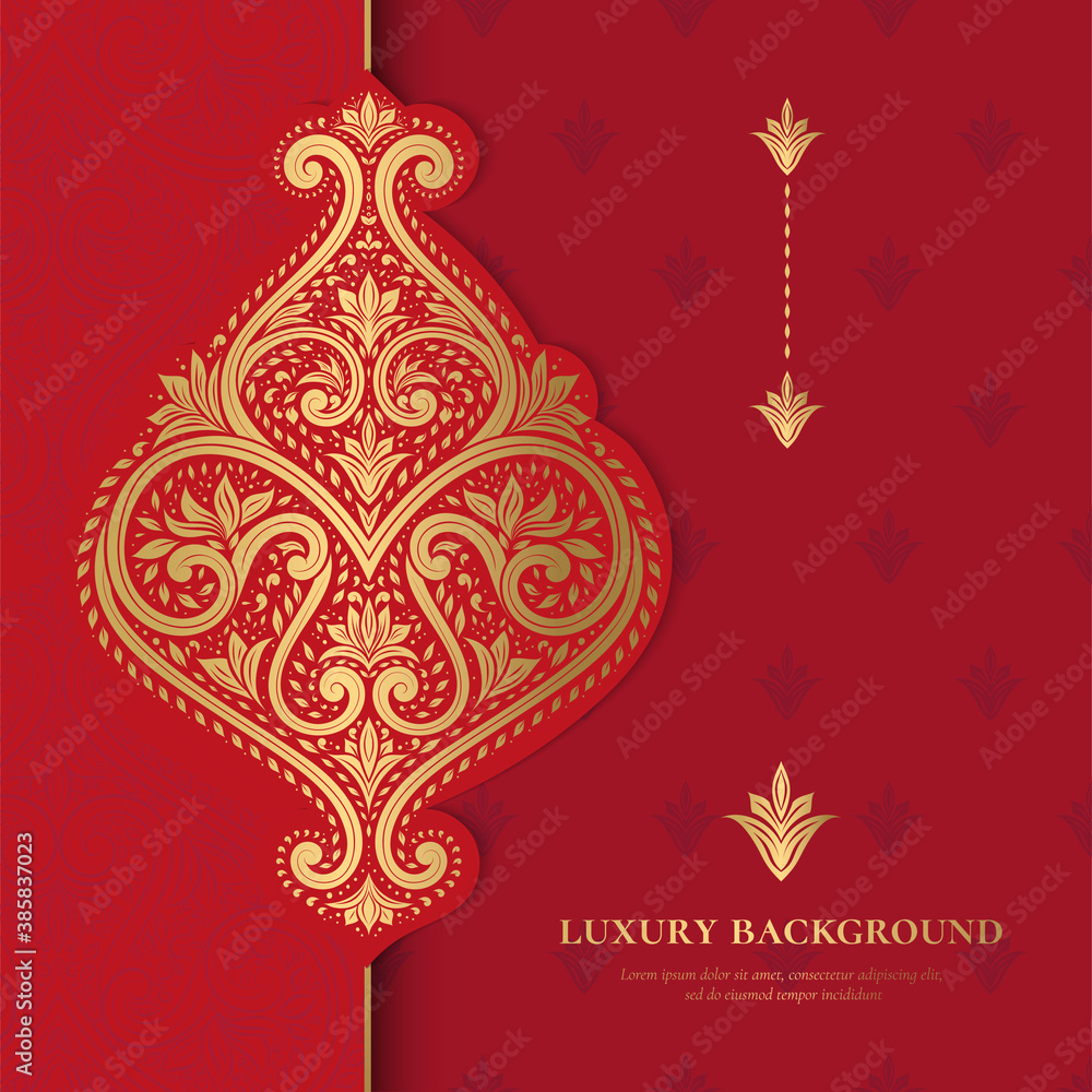Red and gold luxury background. Indian pattern template. Vector abstract design elements. Great for invitation and greeting cards, packaging, flyer, wallpaper or any desired idea.