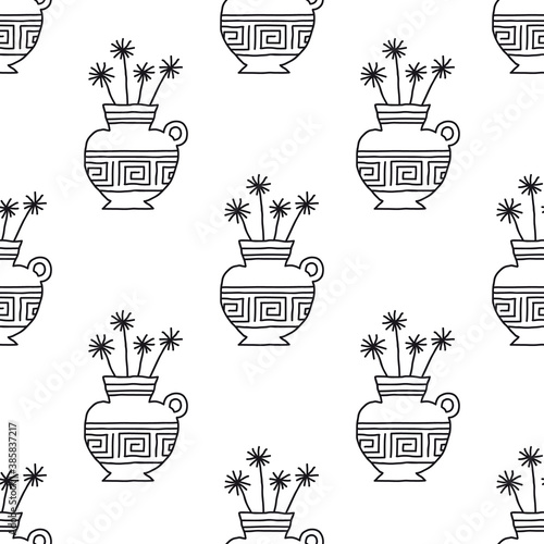 Seamless pattern of linear ancient vases with flowers (ID: 385837217)