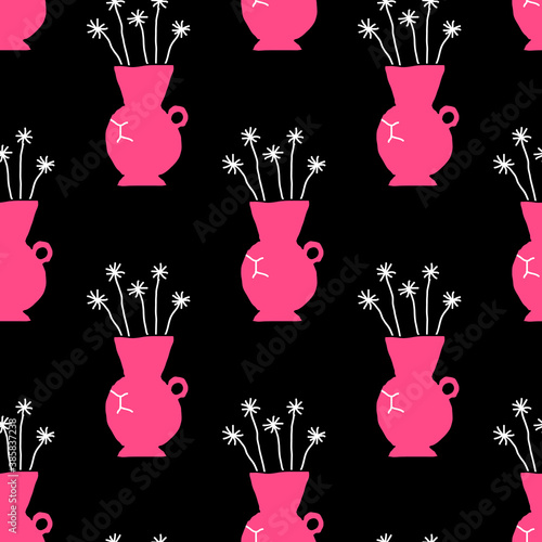 Seamless pattern of pink vases with flowers (ID: 385837238)