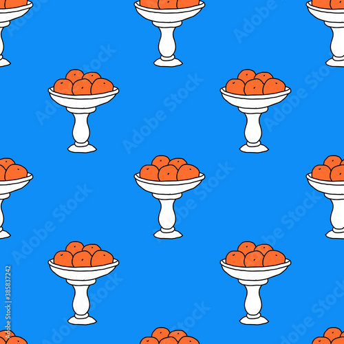 Seamless pattern of vases with orange fruits (ID: 385837242)