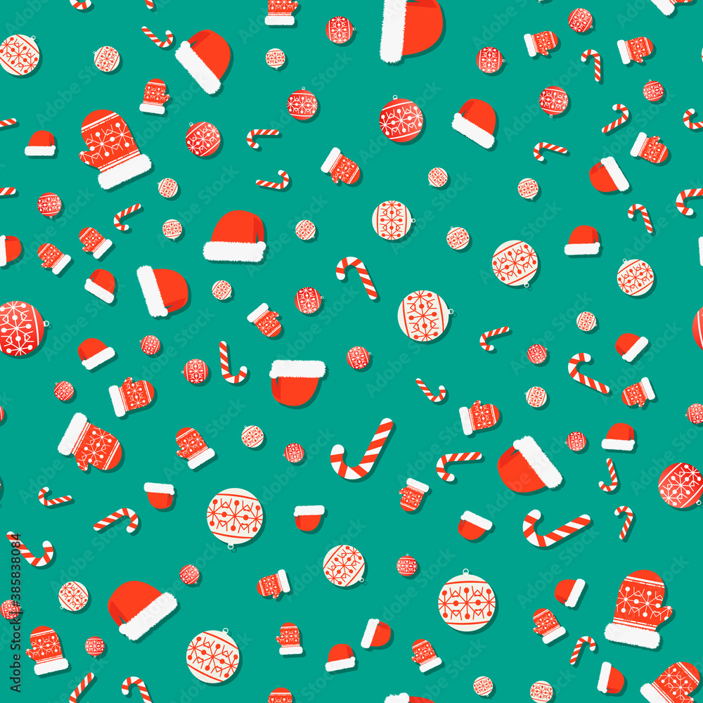 Christmas red pattern on a green background. Hat mitten lollipop ball illustration. New year holiday template suitable for posters, cards, fabrics or wrapping paper Christmas red pattern on a green background. Hat mitten lollipop ball illustration. New year holiday template suitable for posters, cards, fabrics or wrapping paper