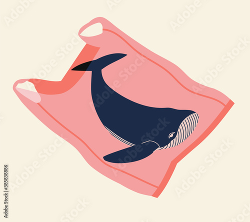 Vector illustration of a whale in a pink plastic bag in the beige sea. Concept of recycling plastic, ecology, zero waste. Hand-drawn colorful ecology illustration. Say no to plastic bags. 