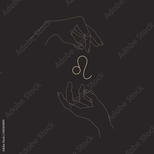 Leo zodiac glyph and magic hands. Vintage astrological symbols isolated on black. Gesture and zodiac sign. Vector illustration in outline style. Design element for logotype, icon, tattoo, clipart.