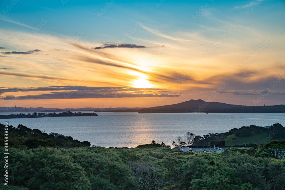 Sunset view from Waiheke Island to Rangitoto Island