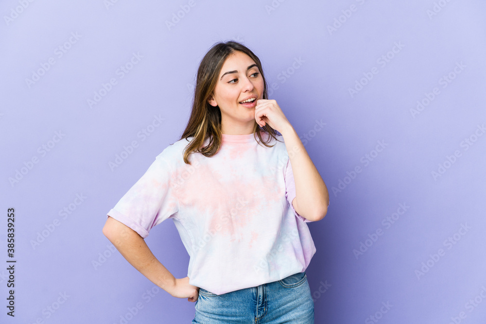 Young caucasian woman relaxed thinking about something looking at a copy space. Young caucasian woman relaxed thinking about something looking at a copy space.