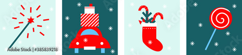 Magic Merry Christmas simple flat illustration. Flat geometric style. Symbols holiday Christmas stocking, candy, firework, snowflake, car, presents, sparkler. Minimalism. All elements are isolated.  