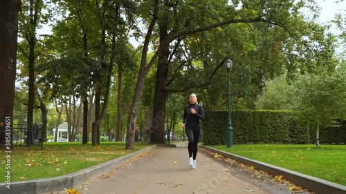 Wallpaper Mural Sporty woman wearing black sportswear running along walkway in park, yellow leaves lying on ground. Dolly shot athletic female doing cardio training in morning. Concept of fitness Torontodigital.ca