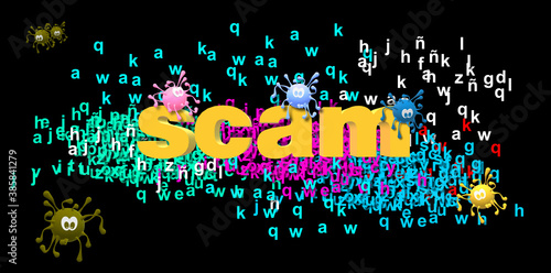 Scam and COVID 19 virus drawing. Colorful poster. Internet fraud. Group of background random letters. 3D illustration  modern and fun design. Cybercrime  social problem in cyberspace. Computer attack.