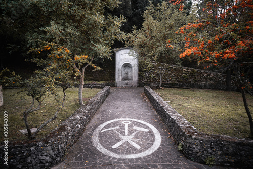 Marble fountain plaza with Montevecchio Minerary Sigil in Sardinia