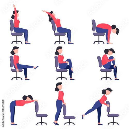 Set of girls doing exercises on the office chair. Bundle of women workout for healthy back, neck, arms and legs. Sport for the wellbeing of workers. Vector illustration isolated on white background.
