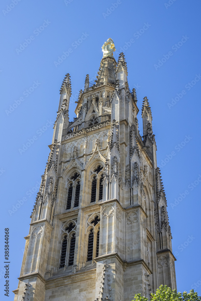 Tour Pey-Berland (Pey Berland Tower, 1440 - 1500), named for its patron Pey Berland, is the separate bell tower of the Bordeaux Cathedral, in Bordeaux at the Place Pey Berland. Bordeaux, France.