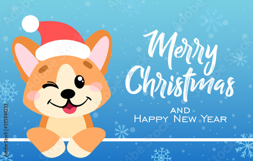 Festive greeting card with the inscription Merry Christmas and cute welsh corgi. Cartoon dog in a flat style wishes a Happy New Year. Vector illustration for design, decor, print, stickers, posters.