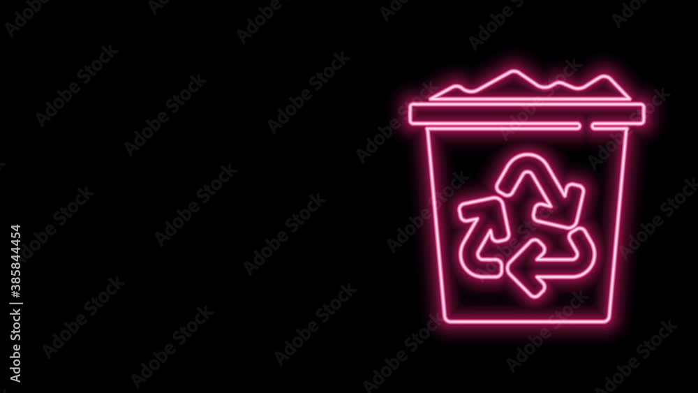 Glowing neon line Recycle bin with recycle symbol icon isolated on black background. Trash can icon. Garbage bin sign. Recycle basket sign. 4K Video motion graphic animation Glowing neon line Recycle bin with recycle symbol icon isolated on black background. Trash can icon. Garbage bin sign. Recycle basket sign. 4K Video motion graphic animation