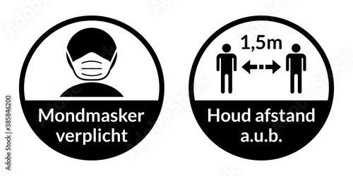 Set of Round Coronavirus Instruction Sticker Signs in Dutch "Mondmasker verplicht" (Face Masks Required) and "Houd afstand a.u.b." 1,5 m (Please Keep Your Distance 1,5 Metres). Vector Image.