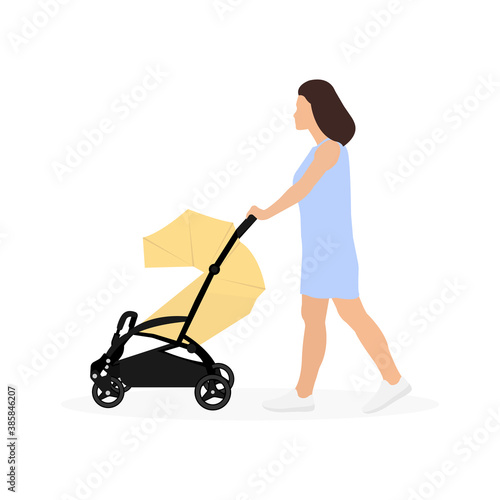 Young mother walking with baby stroller isolated on white background. Vector illustration