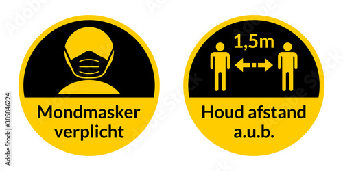 Set of Round Coronavirus Instruction Sticker Signs in Dutch "Mondmasker verplicht" (Face Masks Required) and "Houd afstand a.u.b." 1,5 m (Please Keep Your Distance 1,5 Metres). Vector Image.