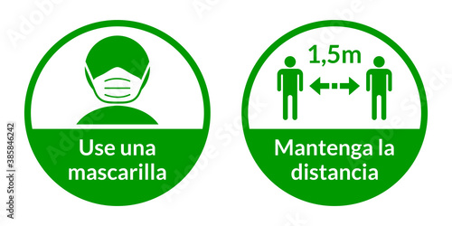 Set of Round Coronavirus Instruction Sticker Signs in Spanish "Use una mascarilla" (Wear a Face Mask) and "Mantenga la distancia" 1,5 m (Keep Your Distance 1,5 Metres). Vector Image.