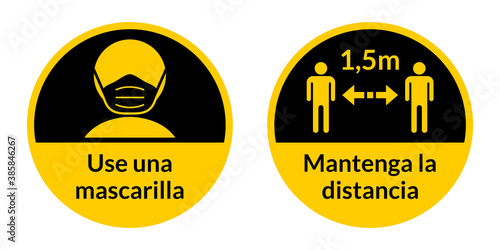 Set of Round Coronavirus Instruction Sticker Signs in Spanish "Use una mascarilla" (Wear a Face Mask) and "Mantenga la distancia" 1,5 m (Keep Your Distance 1,5 Metres). Vector Image.