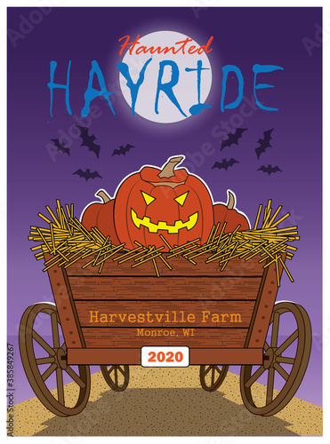 A Halloween cart with pumpkins and hay.