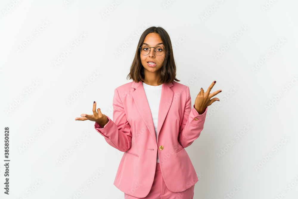 Young latin business woman isolated on white background doing a denial gesture Young latin business woman isolated on white background doing a denial gesture